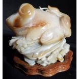 A CARVED 'JADE' FROG, ON HARDWOOD STAND