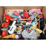 A BOX OF VINTAGE WOODEN AND OTHER TOYS