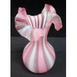 19TH CENTURY PINK/WHITE STRIPED GLASS VASE WITH FRILL RIM