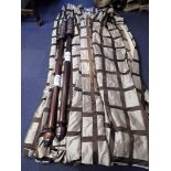 TWO PAIRS BROWN AND CREAM CHECK SATIN CURTAINS AND POLES