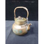 A JAPANESE BRASS KETTLE, WITH ENAMELLED DECORATION