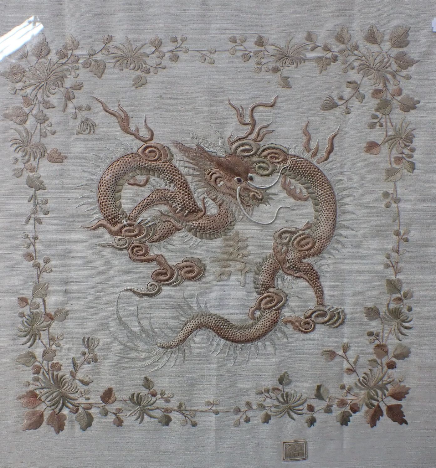 TWO CHINESE EMBROIDERED CREAM SILK PANELS - Image 3 of 6