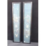 A PAIR OF CHINESE EMBROIDERED BLUE SILK PANELS