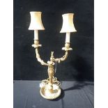 A FINE GILDED BRASS TWO BRANCH TABLE LAMP