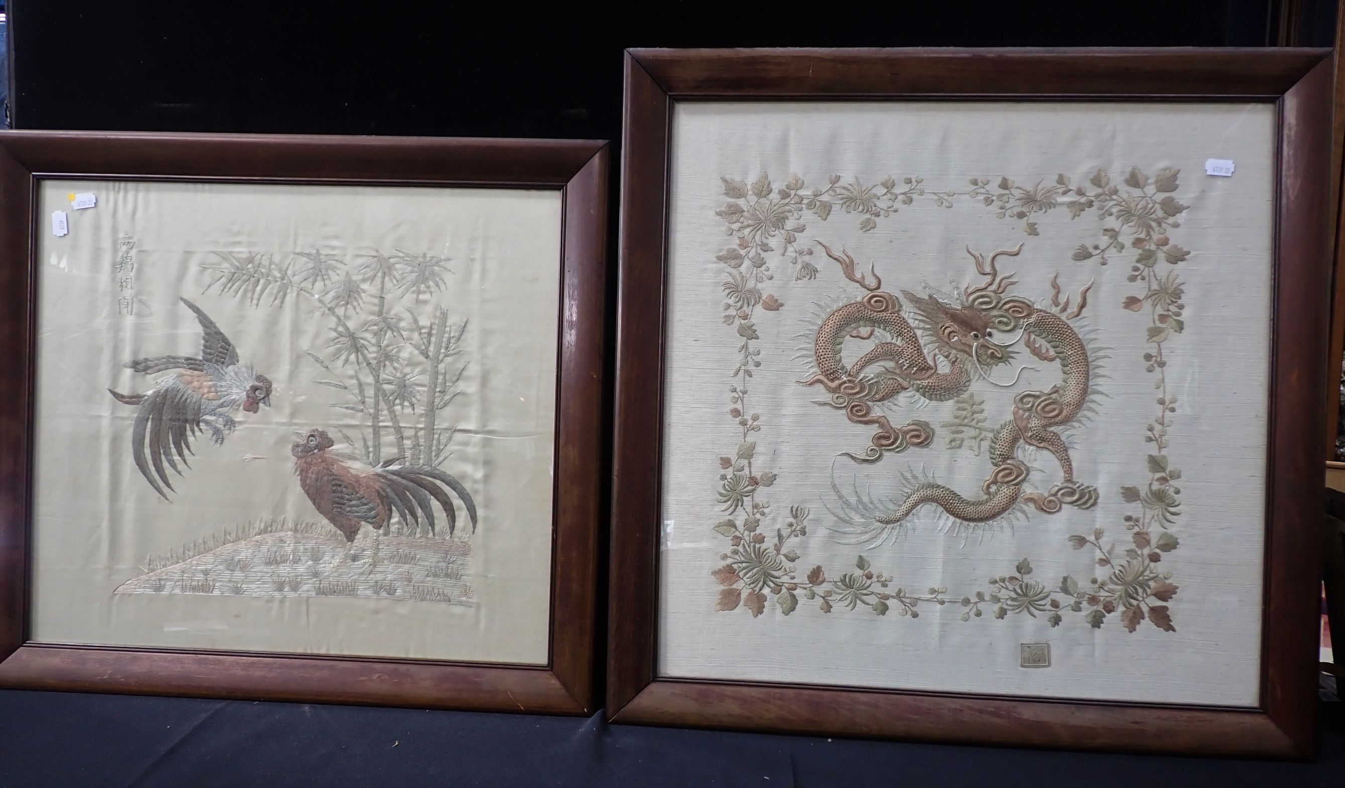 TWO CHINESE EMBROIDERED CREAM SILK PANELS - Image 6 of 6