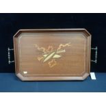 A MARQUETRY DECORATED TRAY, WITH MUSICAL TROPHY MOTIF