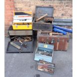 TWO VINTAGE WOODEN TOOLBOXES, CONTAINING A MIXED QUANTITY OF TOOLS