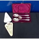 A CASED SET OF UNMARKED FRUIT SPOONS AND SUGAR SIFTER
