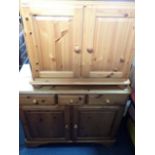 A PINE TWO-DOOR LOW CUPBOARD, AND SIMILAR SIDEBOARD