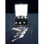 A SET OF SIX SILVER COFFEE SPOONS WITH MATCHING SUGAR TONGS