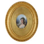 AN EARLY 19TH CENTURY MINIATURE OIL PORTRAIT ON PORCELAIN OF A YOUNG BRIDE