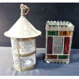 TWO HALL LANTERNS, ONE LATE VICTORIAN WITH COLOURED GLASS