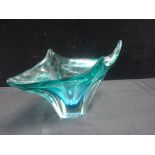 A LARGE MID-CENTURY BLUE TINTED ART GLASS OVAL BOWL