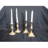 TWO PAIRS OF 18TH CENTURY BELL METAL CANDLESTICKS