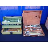 A VINTAGE ARTIST'S BOX WITH PALETTE AND CONTENTS