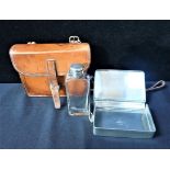 A SILVER TOPPED SPORTSMAN LEATHER CASED SANDWICH BOX