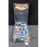A 'MAY-FAIR' PORTABLE GRAMOPHONE, BLUE CASED