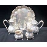 SILVER PLATED FOUR PIECE COFFEE SERVICE AND A SALVER