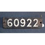 RAILWAY LOCOMOTIVE SMOKEBOX NUMBER PLATE 60922