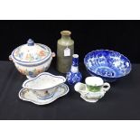 A QUIMPER POTTERY TUREEN, SAUCE BOAT, A VICTORIAN FLOW BLUE VASE