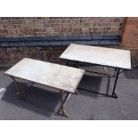 TWO MARBLE TOPPED GARDEN OR CONSERVATORY TABLES