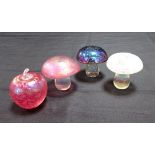 THREE GLASS MUSHROOM PAPERWEIGHTS