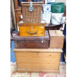 A PINE BLANKET BOX, A BASKET