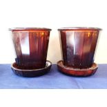 A PAIR OF ART DECO GLASS FLOWERPOTS WITH MATCHING SAUCERS