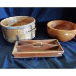 A WOODEN METAL BOUND GRAIN MEASURE, A CUTLERY CARRIER