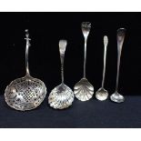 FIVE SILVER SPOONS AND SIFTERS