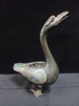 A CHINESE BRONZE AND CHAMPLEVE ENAMEL GOOSE INCENSE BURNER