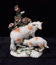 AN 18TH CENTURY POTTERY FIGURE OF SHEEP