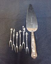 SIX SILVER (800 STAMPED) PICKLE FORKS, WITH FIGURAL TOPS