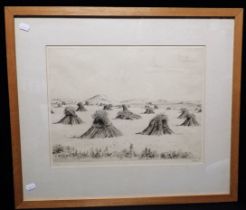 'S.T' (AND INDISTINCTLY SIGNED) CORN STOOKS IN A FIELD