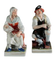 A PAIR OF MID 19TH CENTURY STAFFORDSHIRE POTTERY FIGURES, A COBBLER AND HIS WIFE