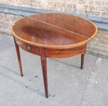 A MAHOGANY AND CROSSBANDED DEMI-LUNE TEA TABLE