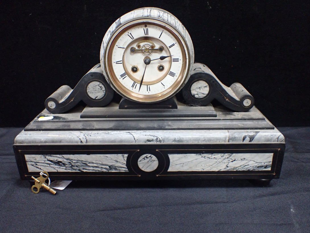 A 19TH CENTURY SLATE AND FIGURED MARBLE CASED CLOCK