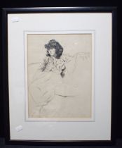 A DRAWING OF A YOUNG WOMAN IN A FROGGED JACKET, PEN AND INK