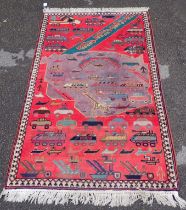 AN AFGHAN 'WAR RUG' WORKED ALL OVER WITH WEAPONS, VEHICLES AND OTHER TOPICAL MOTIFS