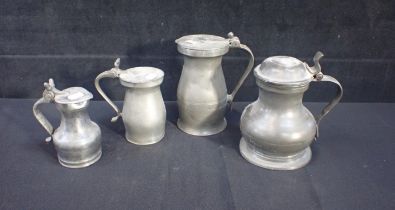 FOUR ANTIQUE PEWTER LIDDED TANKARDS