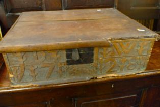 AN ELM BIBLE BOX, WITH CARVED INITIALS, DATED 1728