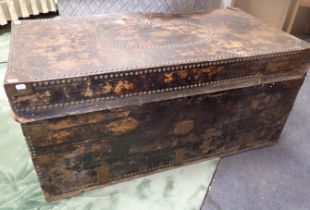 A 19TH CENTURY LEATHER COVERED AND STUDDED TRUNK