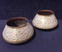 A PAIR OF EGYPTIAN BRASS POTS, DECORATED WITH ANIMALS