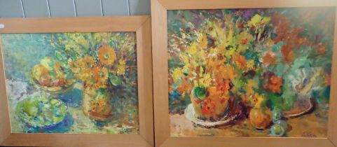 JON PATTERSON, TWO PAINTINGS - 'FLOWERS, ORANGES AND GREENGAGES' AND 'JUG OF MARIGOLDS'