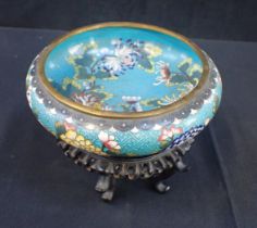 A CHINESE CLOISONNE BOWL, ON CARVED HARDWOOD STAND