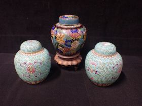 A PAIR OF CHINESE GINGER JARS AND A CLOISONNE JAR