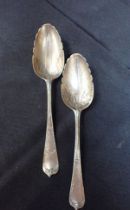 A PAIR OF GEORGE III SILVER SPOONS, ELIZABETH TOOKEY, LONDON 1765