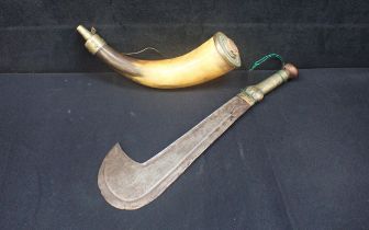 A HORN POWDER FLASK, WITH BRASS MOUNTS