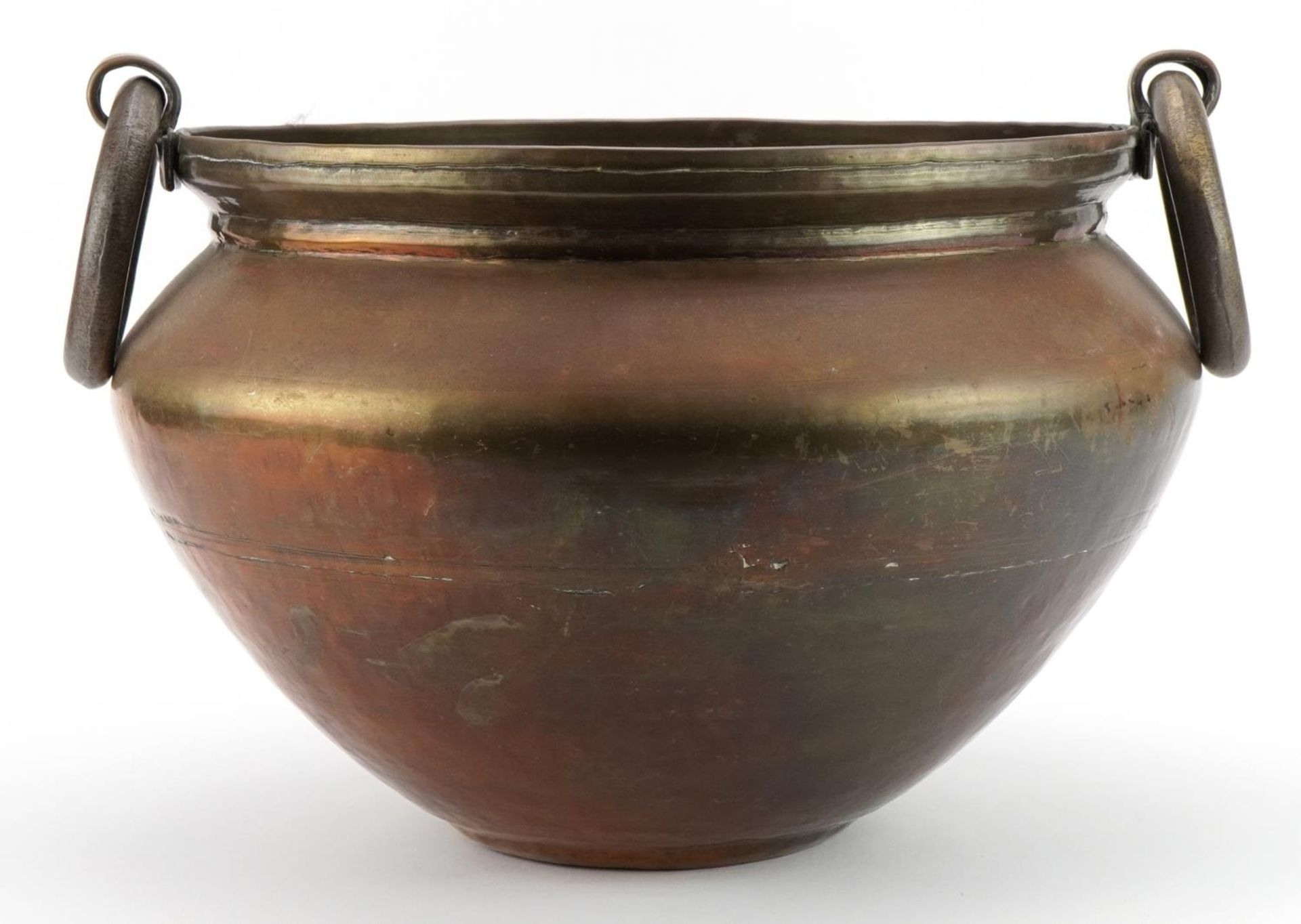 Large antique bronzed copper bowl with ring handles, 40cm wide