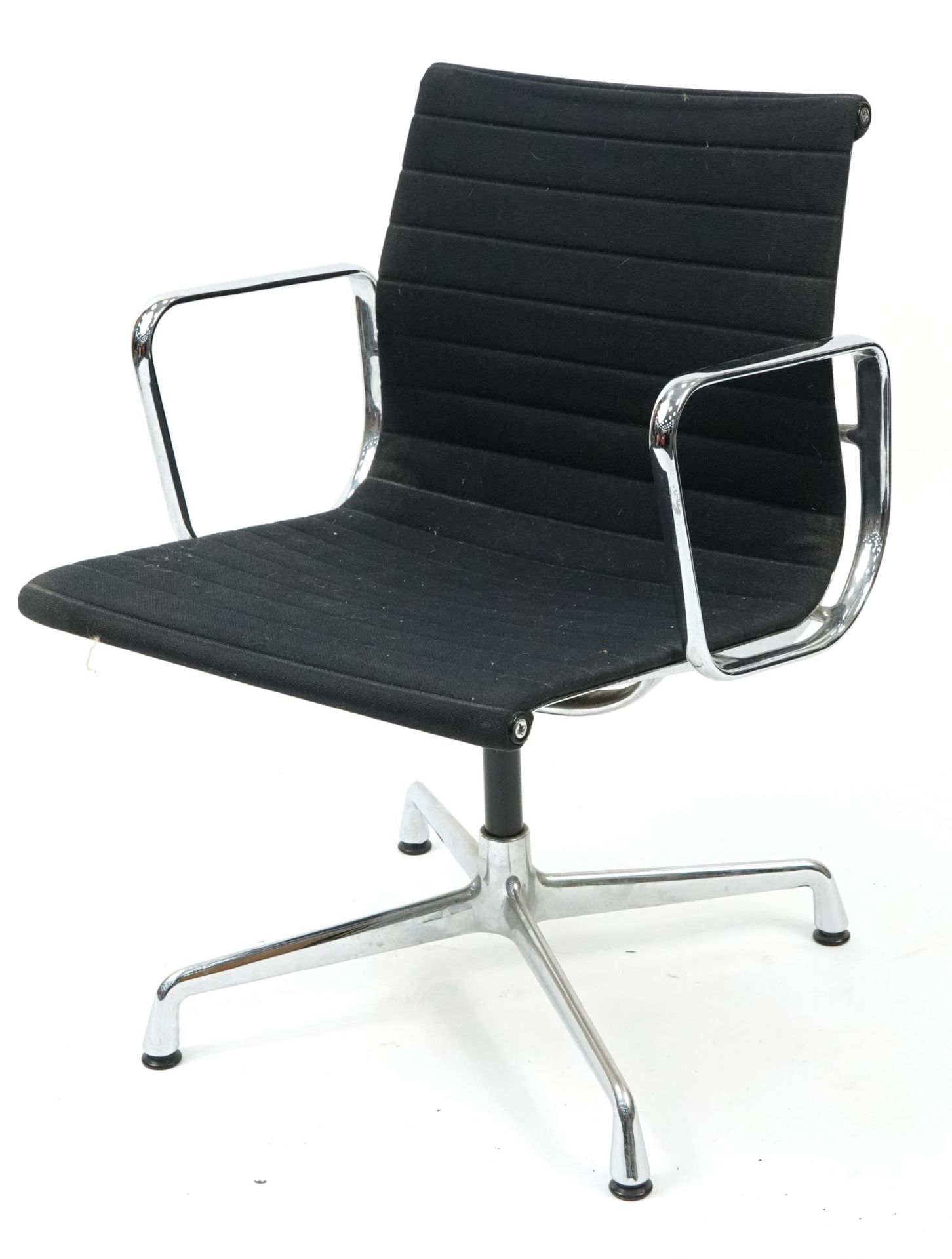 Charles Eames for Vitra, ea 108 swivel chair chair with black leather uphostery, Vitra label to